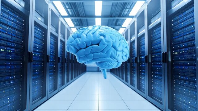 Blue human brain hovering between rows of server racks in a data center, artificial intelligence concept