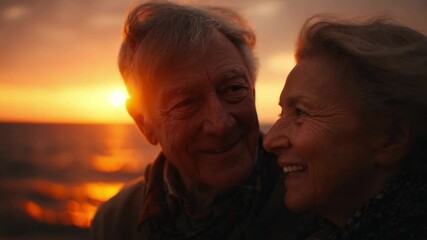 Golden Twilight Embrace: An elderly couple shares an intimate moment as they gaze at a vibrant sunset over the tranquil sea, capturing a heartwarming display of love and a lifelong bond.