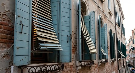 Venetian Building Facade with Blue Shutters and Open Blinds.