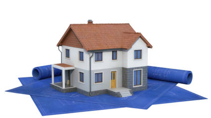 Detailed architectural model of a two story residential house with a red tiled roof and blue blueprints isolated on transparent background