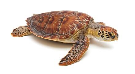 Close-up of a Green Sea Turtle with Detailed Shell and Flippers on White Background