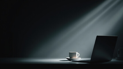 Moody workspace minimal laptop coffee cup saucer spotlight beam dark desk night modern calm focus