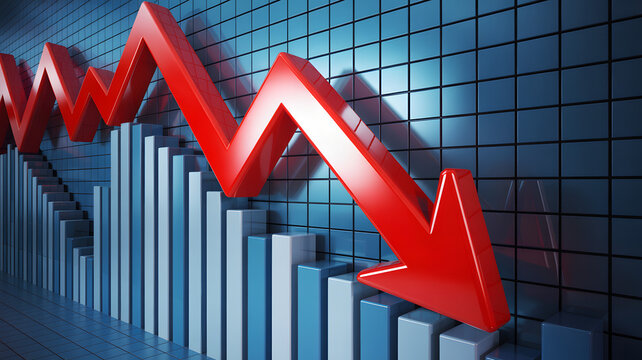 Dramatic market decline with bold red arrow over blue graph showing significant losses