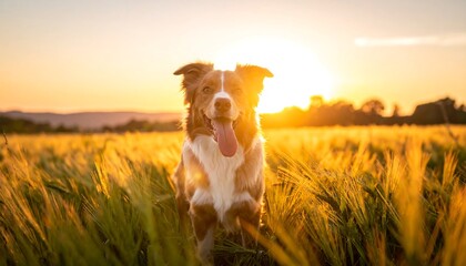 Happy dog in a golden field at sunset