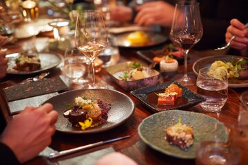 Diners enjoying a multi-course tasting menu. Their plates arrive in artistic portions. The mood feels sophisticated and creative