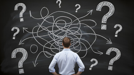 Man facing complex questions, seeking answers and solutions for business success now