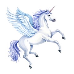 A majestic unicorn with shimmering wings gracefully soars through a bright blue sky, its mane flowing elegantly in the wind, surrounded by fluffy white clouds.
