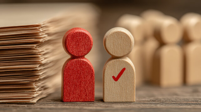 Red figure wooden figure check mark selection recruitment hiring HR choice group leadership teamwork human resource decision candidate staff