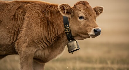 Close-up of a fluffy brown calf wearing a bell collar in a field