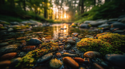 Mossy creek sunrise forest stream tranquil glow low angle water pebble green serene light reflection
