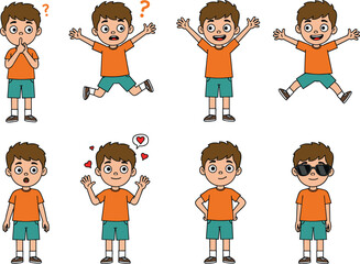 Cartoon boy character emotions, kids expressions illustration, happy, sad, surprised, love, cool, playful, educational, emotional poses, vector art