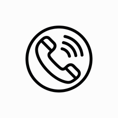 Simple black and white icon of a ringing telephone handset inside a circle