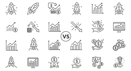 Comprehensive set of line icons depicting business growth, financial investment, startup launch, market analysis, and profit indicators for various economic concepts