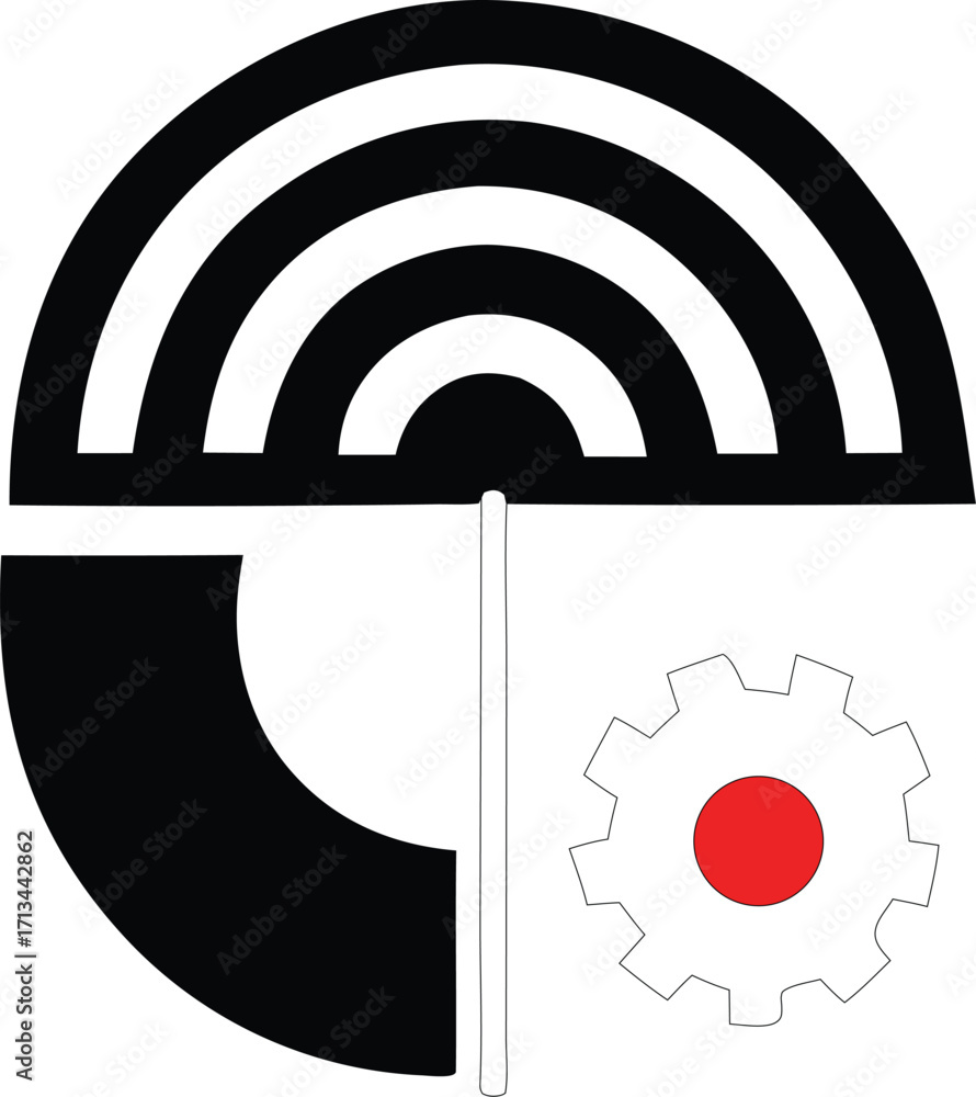 Poster abstract geometric design with concentric arcs and cogwheel symbol featuring red circle element