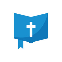 Fototapeta premium Open blue book with white cross and bookmark symbol