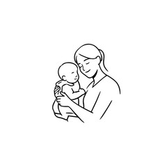 Black and White Vector Illustration of a Beautiful Mother Caring for Child in Minimalist Line Art Style