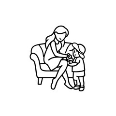 Black and White Vector Illustration of a Beautiful Mother Caring for Child in Minimalist Line Art Style