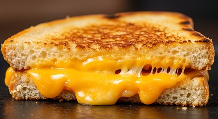 Close-up of a perfectly grilled cheese sandwich with gooey melted cheddar cheese oozing out.