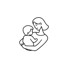 Black and White Vector Illustration of a Beautiful Mother Caring for Child in Minimalist Line Art Style