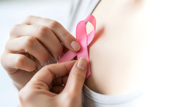 Close-up of a woman placing a pink ribbon on her chest, shallow depth of field, symbolic gesture