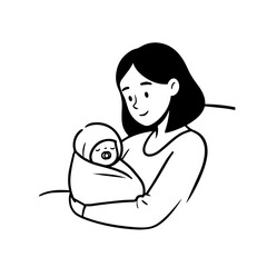 Black and White Vector Illustration of a Beautiful Mother Caring for Child in Minimalist Line Art Style