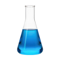 A clear laboratory flask containing vibrant blue liquid for scientific experiments isolated on transparent background
