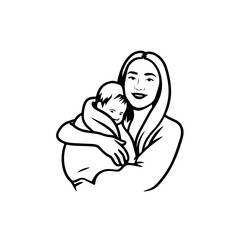 Black and White Vector Illustration of a Beautiful Mother Caring for Child in Minimalist Line Art Style