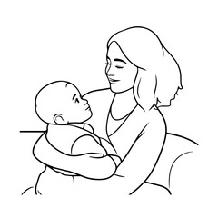 Black and White Vector Illustration of a Beautiful Mother Caring for Child in Minimalist Line Art Style