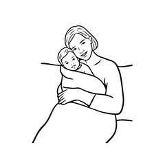 Black and White Vector Illustration of a Beautiful Mother Caring for Child in Minimalist Line Art Style