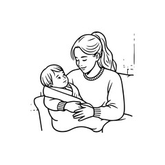 Black and White Vector Illustration of a Beautiful Mother Caring for Child in Minimalist Line Art Style