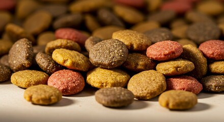 Close-up of a pile of dry dog food kibble in various colors and textures