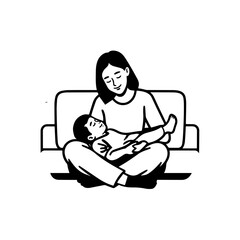 Black and White Vector Illustration of a Beautiful Mother Caring for Child in Minimalist Line Art Style