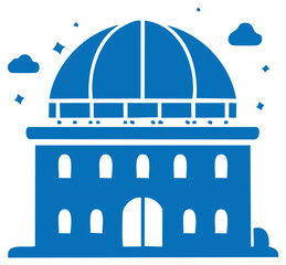 Blue domed observatory building with glittering stars and clouds graphic illustration