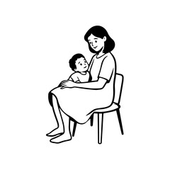 Black and White Vector Illustration of a Beautiful Mother Caring for Child in Minimalist Line Art Style