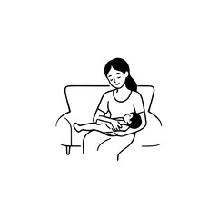 Black and White Vector Illustration of a Beautiful Mother Caring for Child in Minimalist Line Art Style