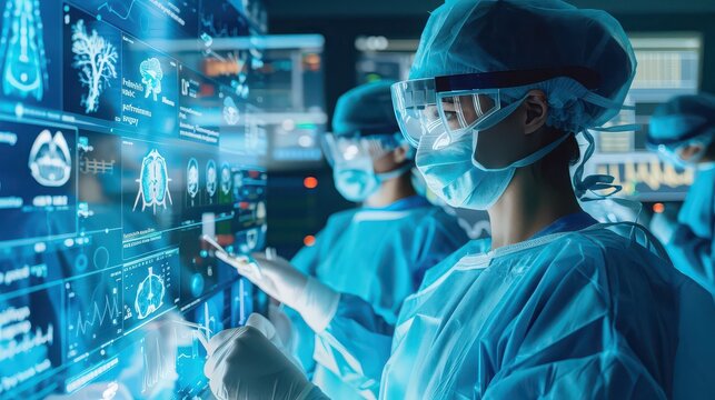 Medical team in operating room analyzing digital scans and data on a large screen display system