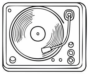 Retro Vinyl Record Player with Needle Arm: Black and White Line Art, Vintage Audio Equipment