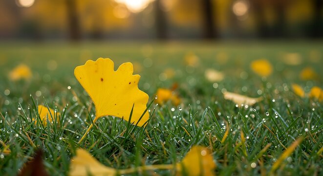 Close-up of a single yellow Ginkgo leaf on dewy grass in autumn sunlight