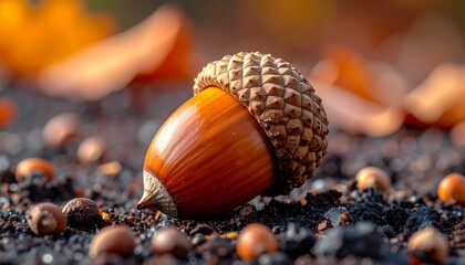 Two brown acorns and a single green oak leaf rest together on a wooden table, a close-up of the autumn harvest