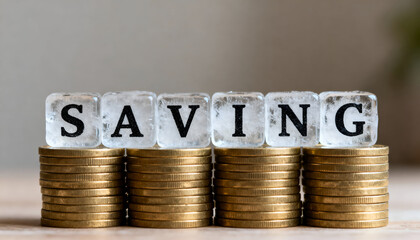 Frozen ice blocks spelling SAVING arranged carefully on shiny coins
