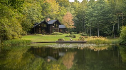 Obraz premium Secluded Lakeside Log Cabin Retreat in the Forest