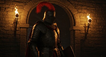 A knight in full armor stands in an arched stone doorway flanked by flaming torches