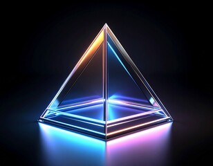 A transparent glass pyramid illuminated by glowing blue and purple neon lights on a dark, reflective surface.