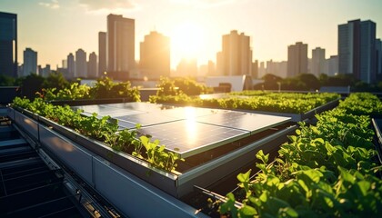 Urban rooftop solar panel garden demonstrates sustainable agriculture and renewable energy integration in a city environment during sunny sunset.