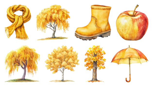 PNG Autumn essentials watercolor illustration, element set on transparent background
