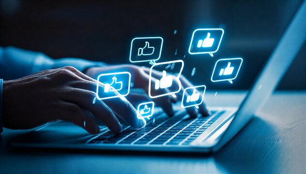 Holographic Social Media Marketing Concept with Neon Blue Lines - Powered by Adobe