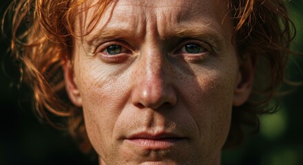 Intense closeup of a fairskinned redhaired persons face Features include green eyes wrinkles and freckles against a dark blurred background