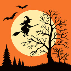 Halloween lantern silhouette vector, spooky glowing jack o lantern lights, eerie forest path, creepy pumpkins, haunted night, flat horror modern seasonal scary background illustration design.