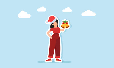 Woman in red outfit with Santa hat holding a bell illustration of appreciation for Christmas holiday celebration