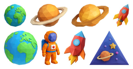 Obraz premium PNG Colorful low-poly space exploration, element set on transparent background